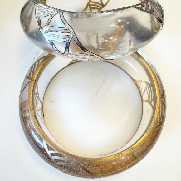 Vintage Silver Gold Embellished Clear Lucite Bangle Bracelet Set - Picture 5 of 12